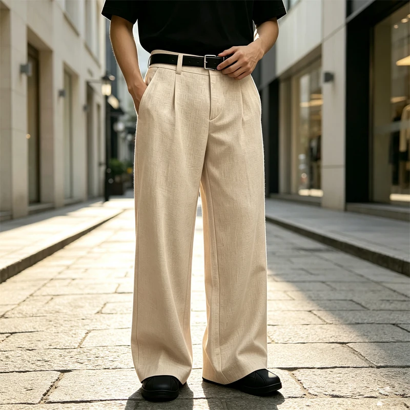Men Linen Wide Leg Pants High Waist Front Pleated Loose Fit Breathable Lightweight Trousers Business Casual Office Daily Wear