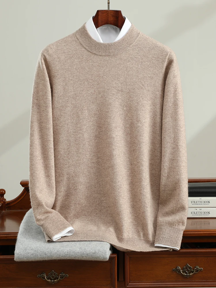 Men's Cashmere Sweaters Mock-Neck Pullovers Autumn Winter Long Sleeve Loose Jumper 100% Goat Cashmere Knitwear Men's Clothing