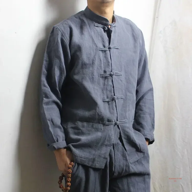 Frühling Herbst männer Leinen Hemd Jacke Chinesischen Stil Vintage Große Mantel Westlichen Tragen Casual Kleidung Für Männer