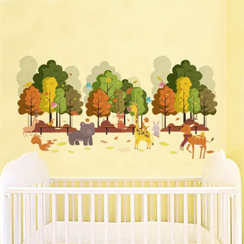 Happy Animal Tree Wall Stickers For Kids Room Bedroom Decoration Deer Fox Giraffe Safari Mural Art Diy Pvc Home Decal