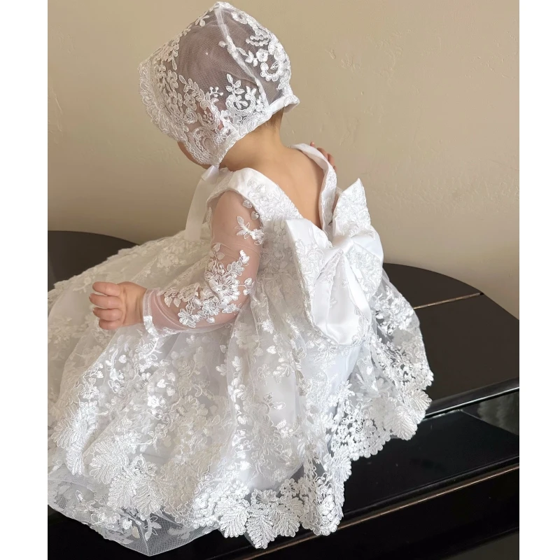 White Flower Girl Dresses Lace Appliques With Bow Long Sleeve For Wedding Birthday Party First Communion Gowns