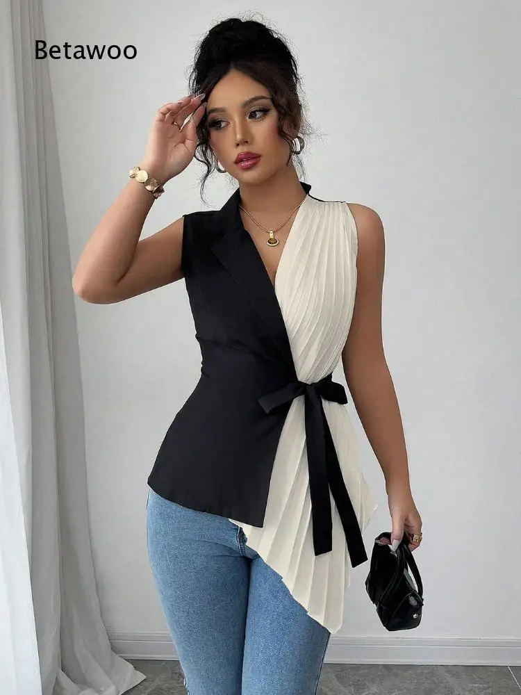 Women Color Block Sleeveless Blazer Vest V Neck Wrap Pleated Asymmetric Hem Self Tie Bow Waist Cinched Fitted Tank Top