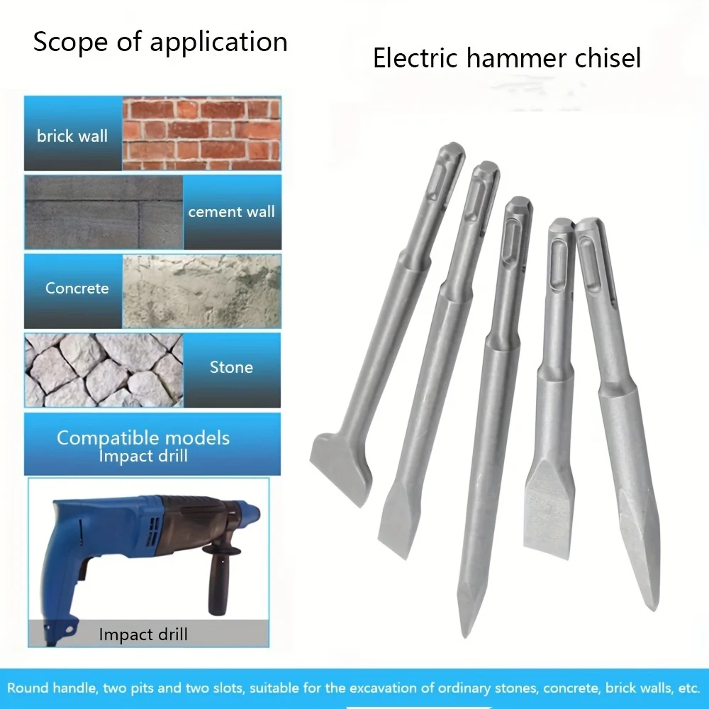 

Electric hammer round handle pointed flat chisel impact drill bit concrete wall chiseling round handle two pits two groov