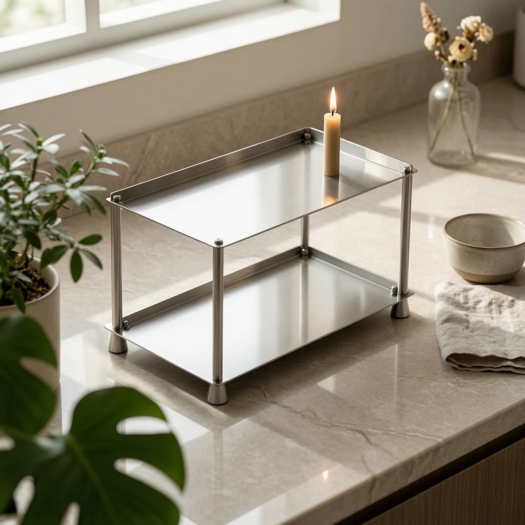 Desktop Storage Rack Stainless Steel Desk Organizer Shelf Two-Tier Storage Rack Space-Saving Tabletop Display Shelf Vertical