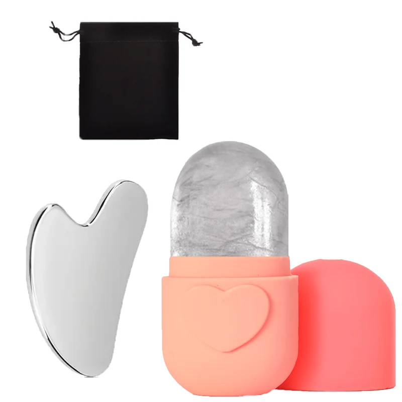 3 ชิ้น, ลูกกลิ้งนวดหน้าซิลิโคนและชุดเครื่องมือกัวซาสแตนเลส (พร้อมถุงเก็บ) เครื่องมือดูแลผิวหน้าแบบใช้ซ้ำได้