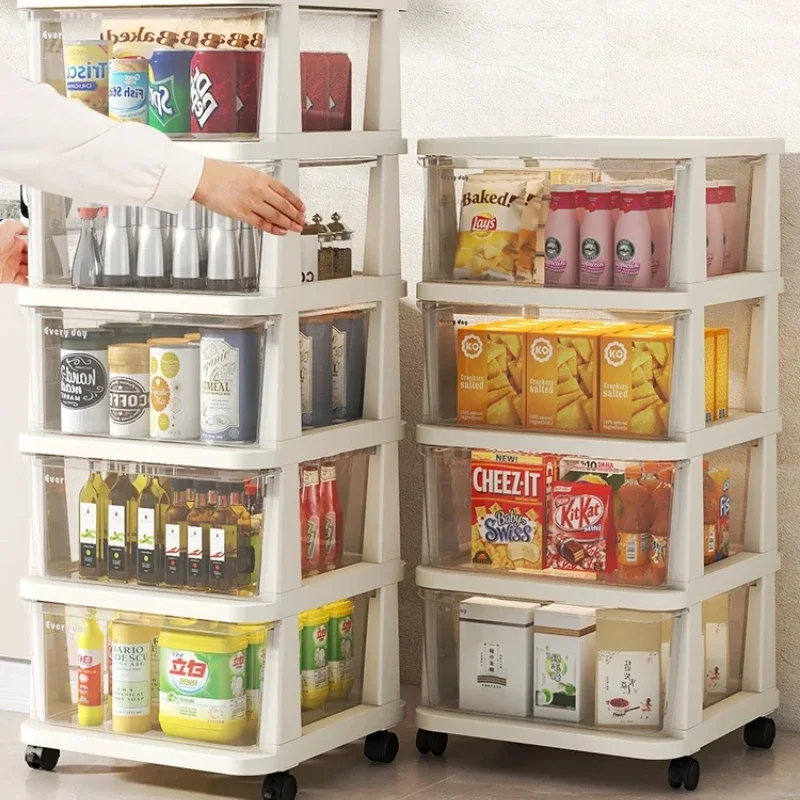 Drawer-Style Storage Cabinet Floor Shelf Bedside Rack Plastic Rolling Cart with Pulleys Bathroom Snack Organizer