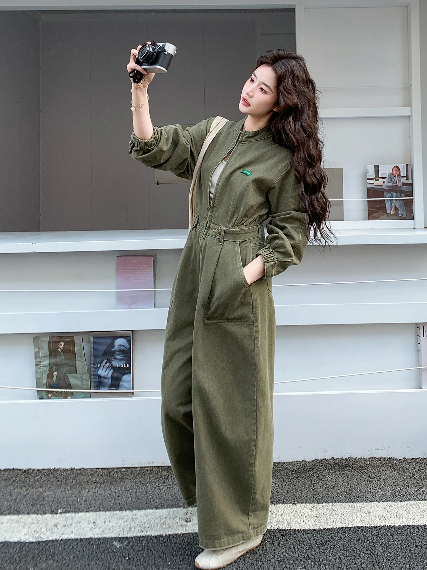 

Cool Green Women's Overall Pants Spring Autumn Loose Casual Workwear High Waist Long Pants Button Detail Polyester Fabric