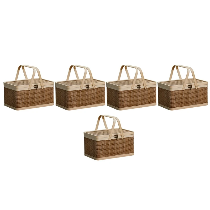 

5X Bamboo Basket Natural -Friendly Woven Basket Bamboo Picnic Basket With Lid Handheld Snacks Bread Storage Basket