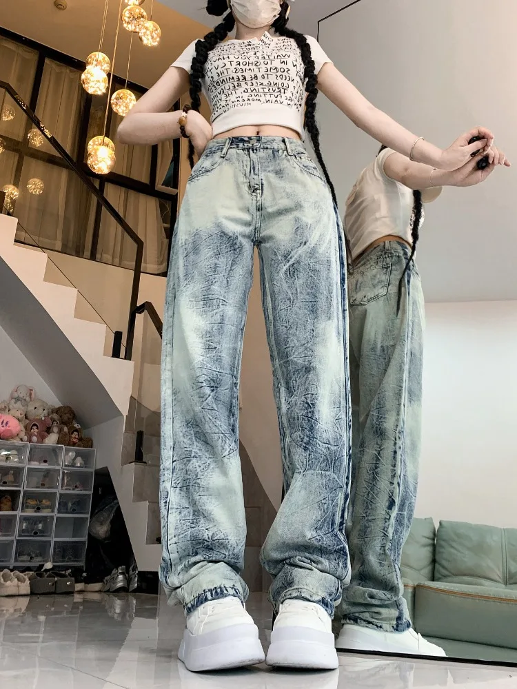 Ladies High Waisted Slouchy Tie-dye Baggy Jeans Women Clothing Girls Fashion Casual Denim Wide Leg Pants Female Clothes B2112