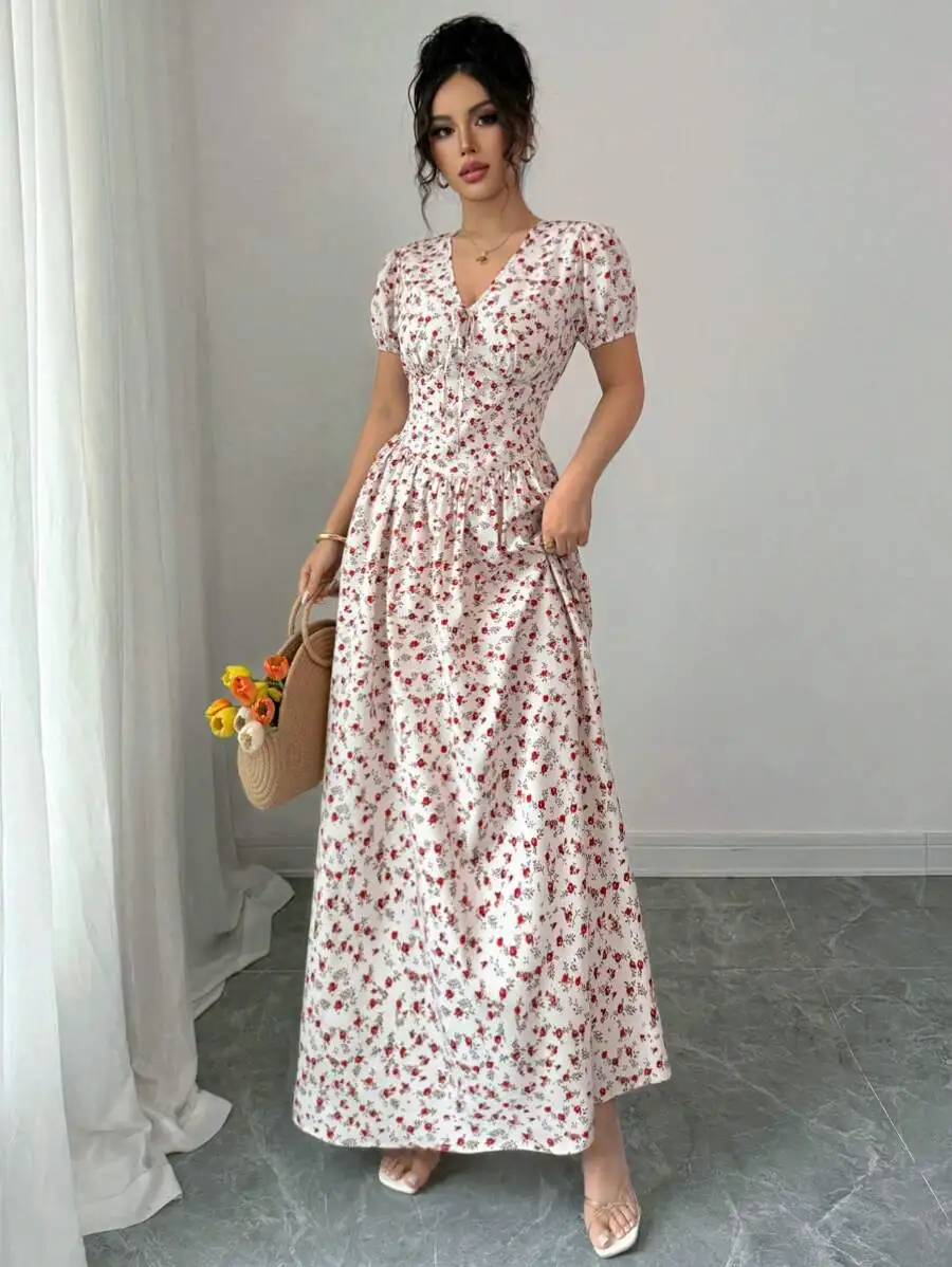 beige ditsy floral dress GalTyme Plus Size Ditsy Floral Dress,Beige Summer Curve Holiday Vacation Style,Wedding Guest Party,Elegant Y2k Casual Graduation Dresses