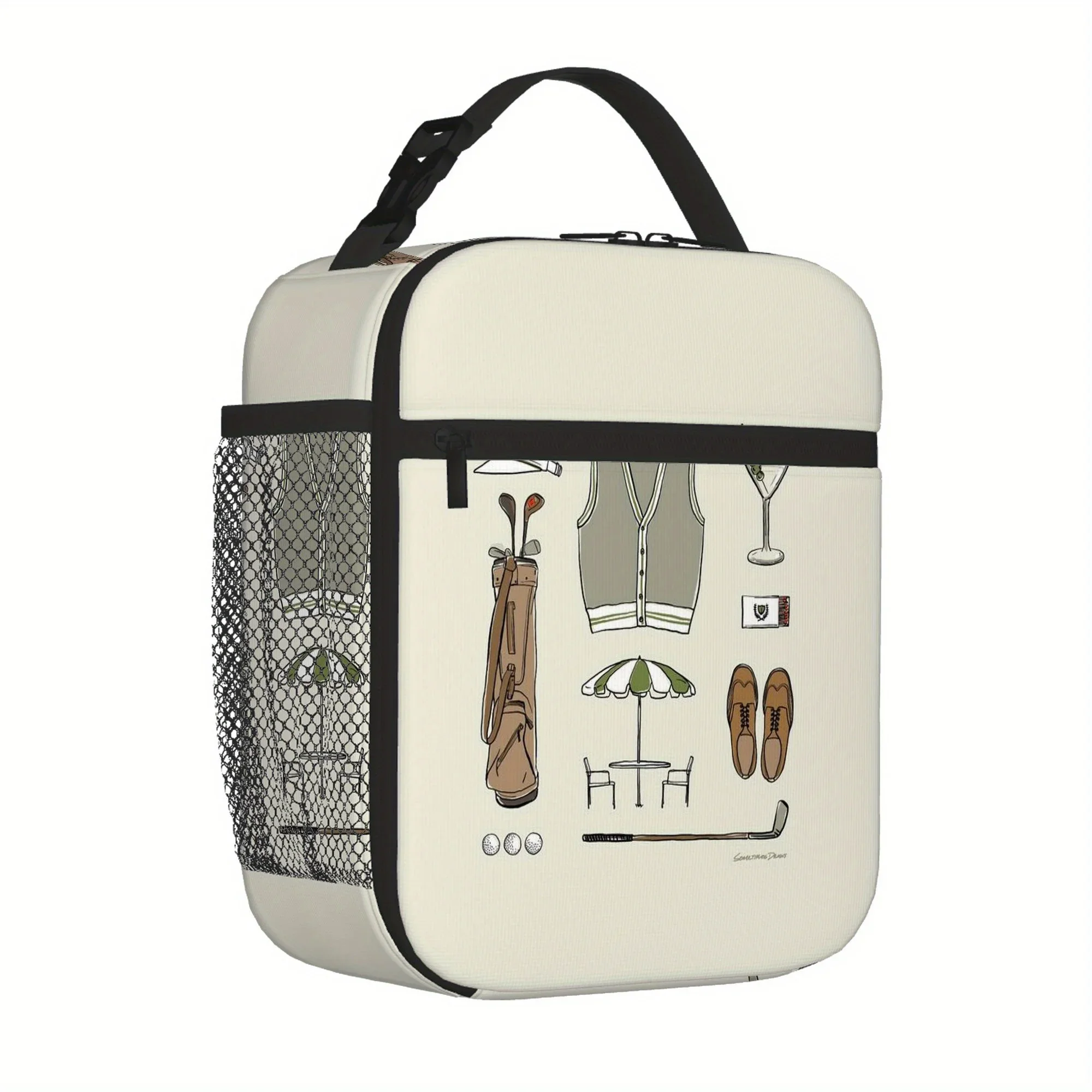 1pc Golf-Themed Insulated Thermal Bag with Golf & Print - & Beige Portable Cooler for Golf Course, Travel, Office - Reusable Uni