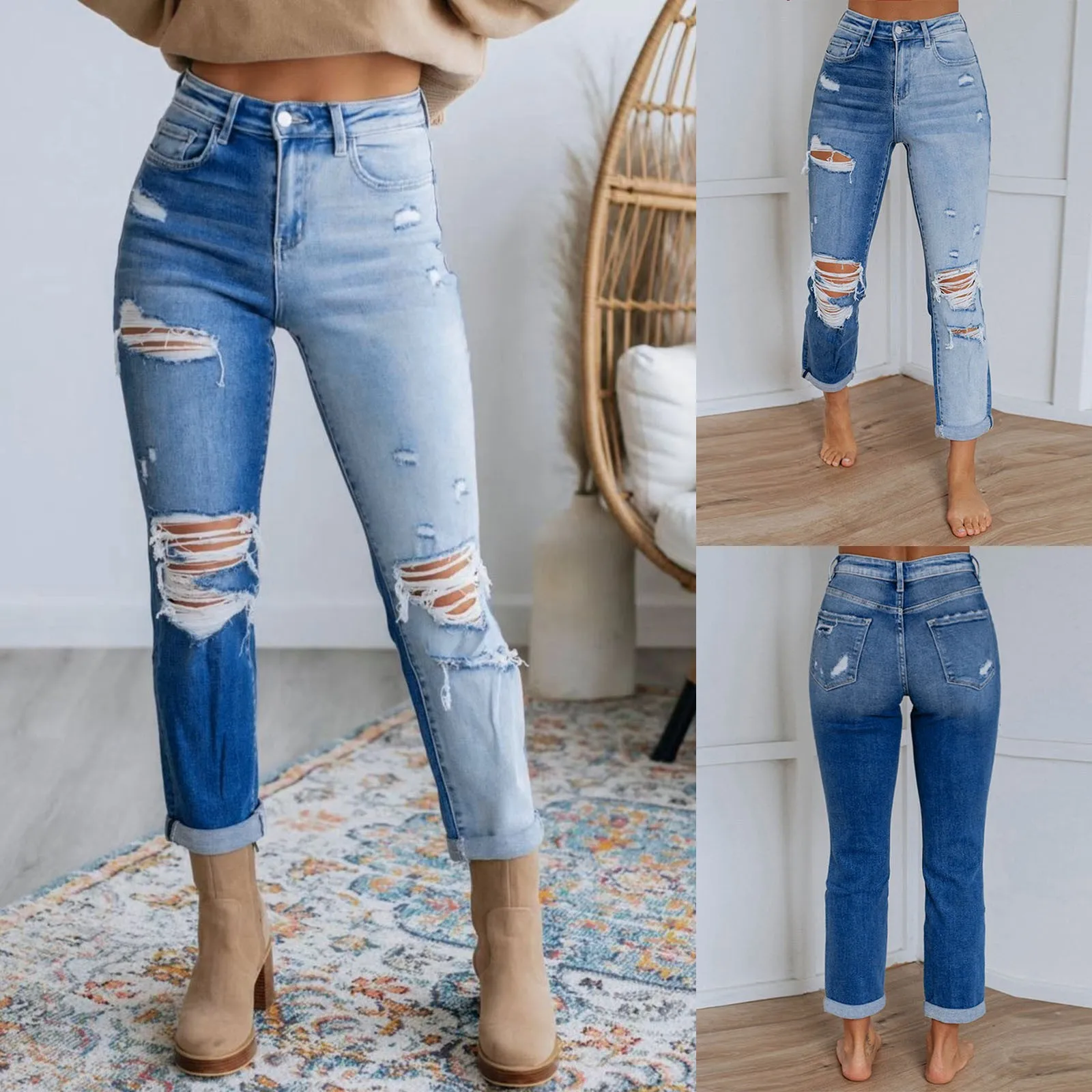 

Women Stretch Ripped Distressed Skinny High Waist Denim Pants Shredded Jeans Trousers Slim Jeggings Ladies Spring Autumn Wear