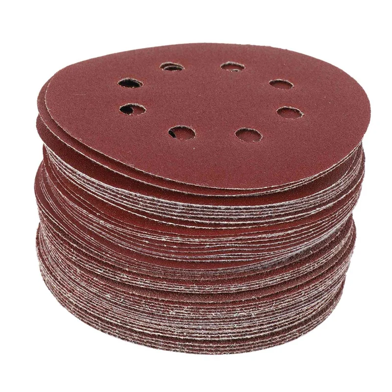 100Pcs 5 Inch 125Mm Round Sandpaper Eight Hole Disk Sand Sheets Grit 40/60/80/120/240 Hook And Loop Sanding Disc Polish