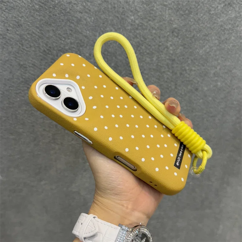 INS Polka Dot Small Fresh Mobile Lanyard Case for iPhone 16 15 14 13 12 Pro Max 16 Plus 11 Lychee Grain Leather Shockproof Cover