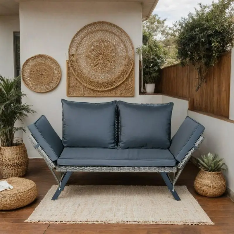

Foldable Patio Wicker Side Bench with Dark Grey Cushion for Backyard Conversations