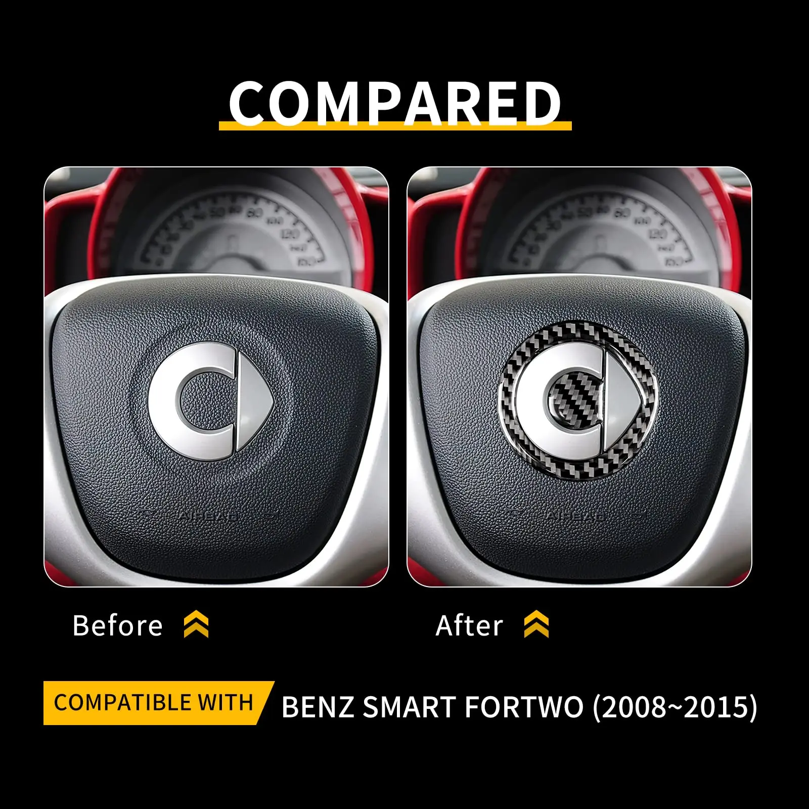 Carbon Fiber Steering Wheel Cover Sticker for Mercedes Benz Smart 451 Fortwo 2008-2015 Premium Anti-Scratch Center Mark Trim