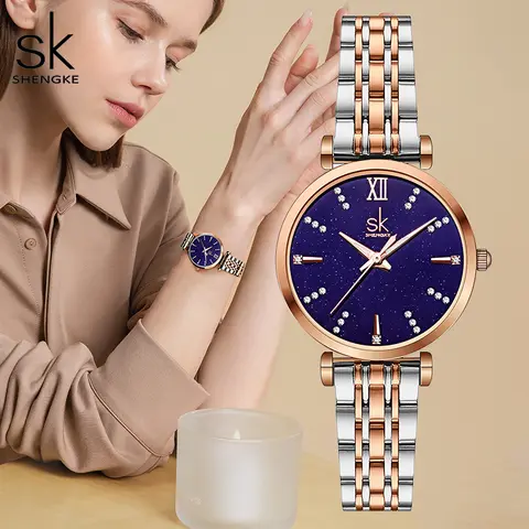 Shengke Top Brand Woman Watch Rose Golden Classical Wristwatch Gift for Women SK Original Design Quartz Watch Relógios Femininos