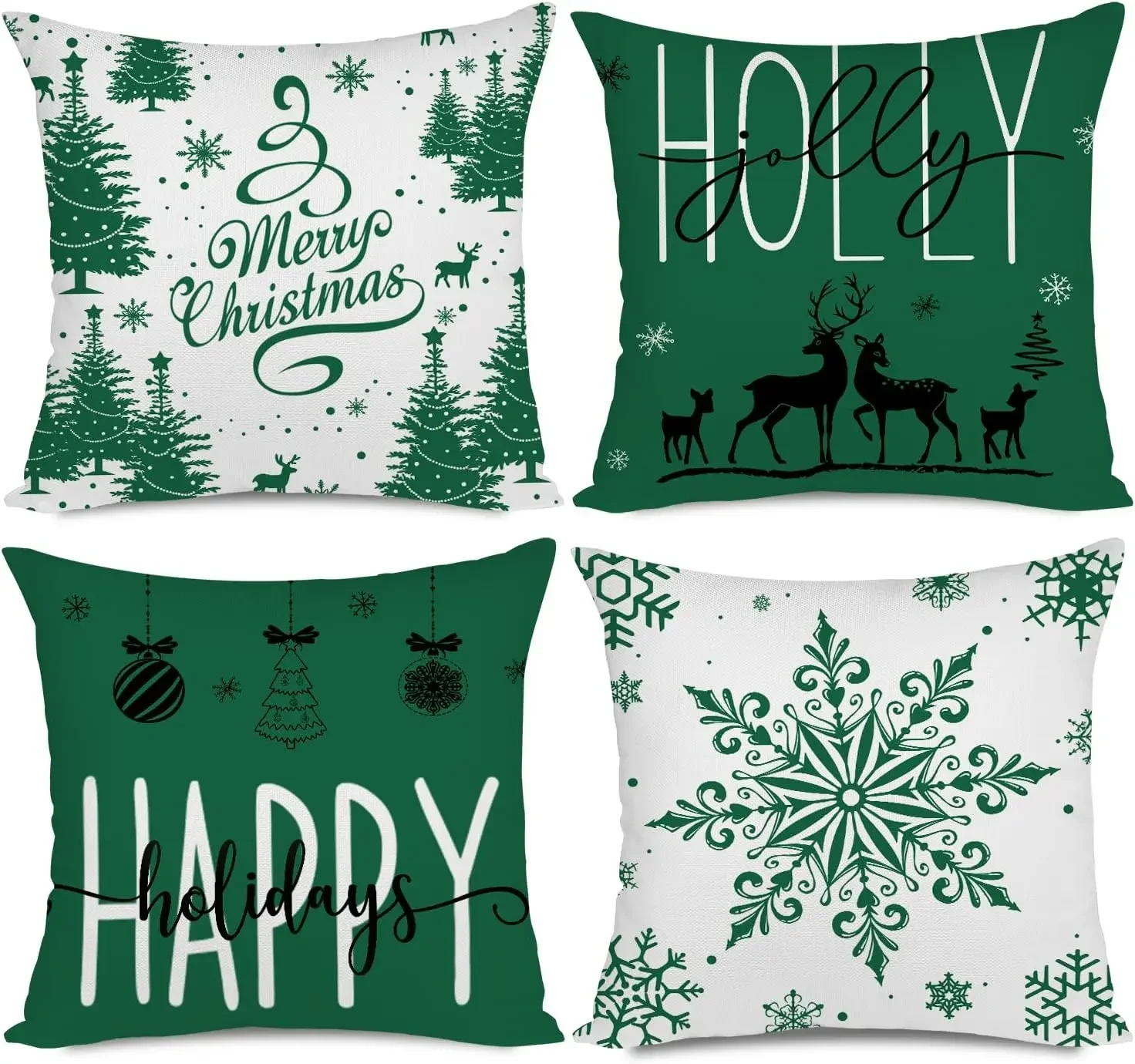 

Green Christmas Pillow Covers Christmas Decorations Happy Holidays Holly Jolly Snowflake Decor Cushion Case for Couch Sofa