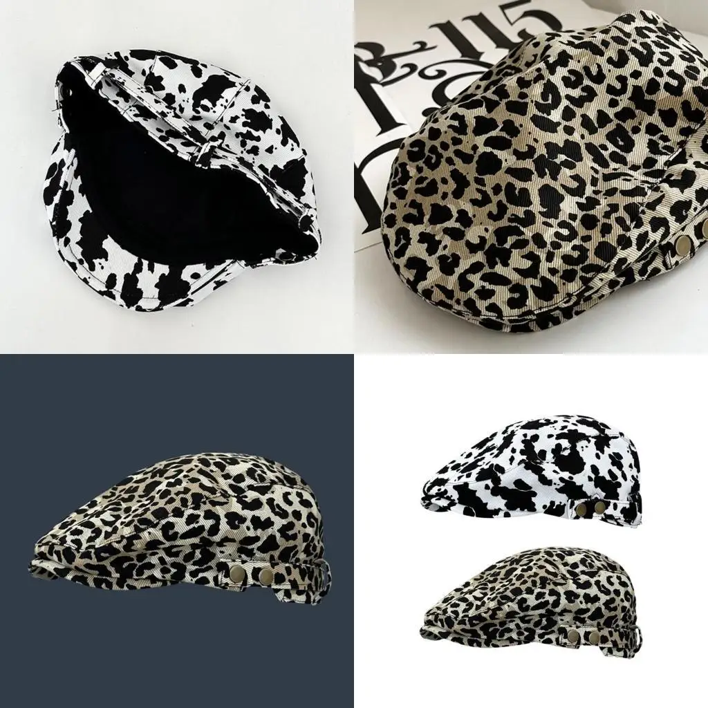 

39BD Summer Girls Shopping Newsboys Cap Woman Cow/ Leopard Print Flat Peaked Cap