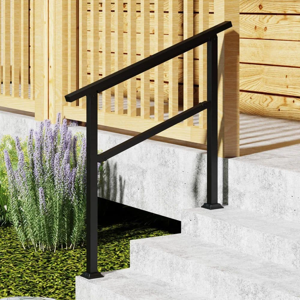 36 Zoll. H x 3,3 Fuß B Schienensatz aus schwarzem Eisen für Außenstufen, passend für 2- oder 3-stufige Treppengeländer in Schwarz