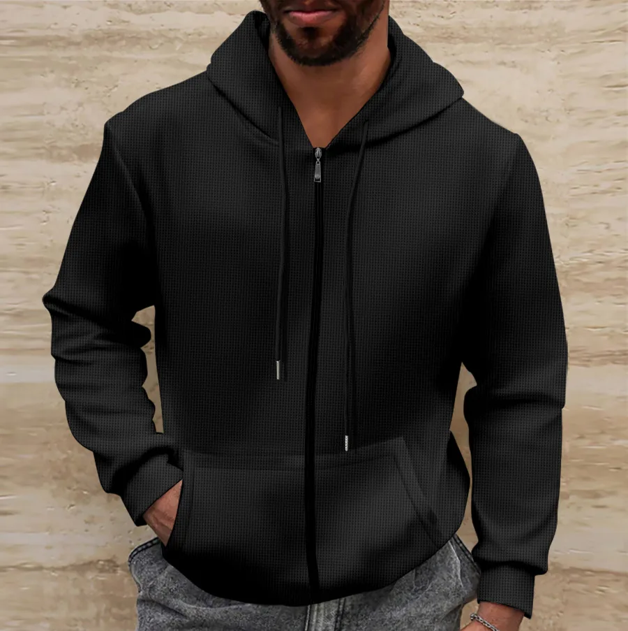 

Men's spring and autumn casual three-dimensional patch bag Waffle zipper solid color pocket long sleeve jacket fashion hoodie