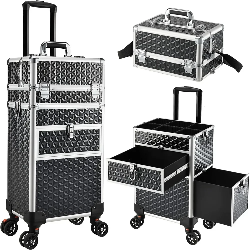 Rolling Makeup Case With Wheels & Drawers Large Professional Cosmetology Trolley Case Lockable Travel Cosmetic Storage Organizer