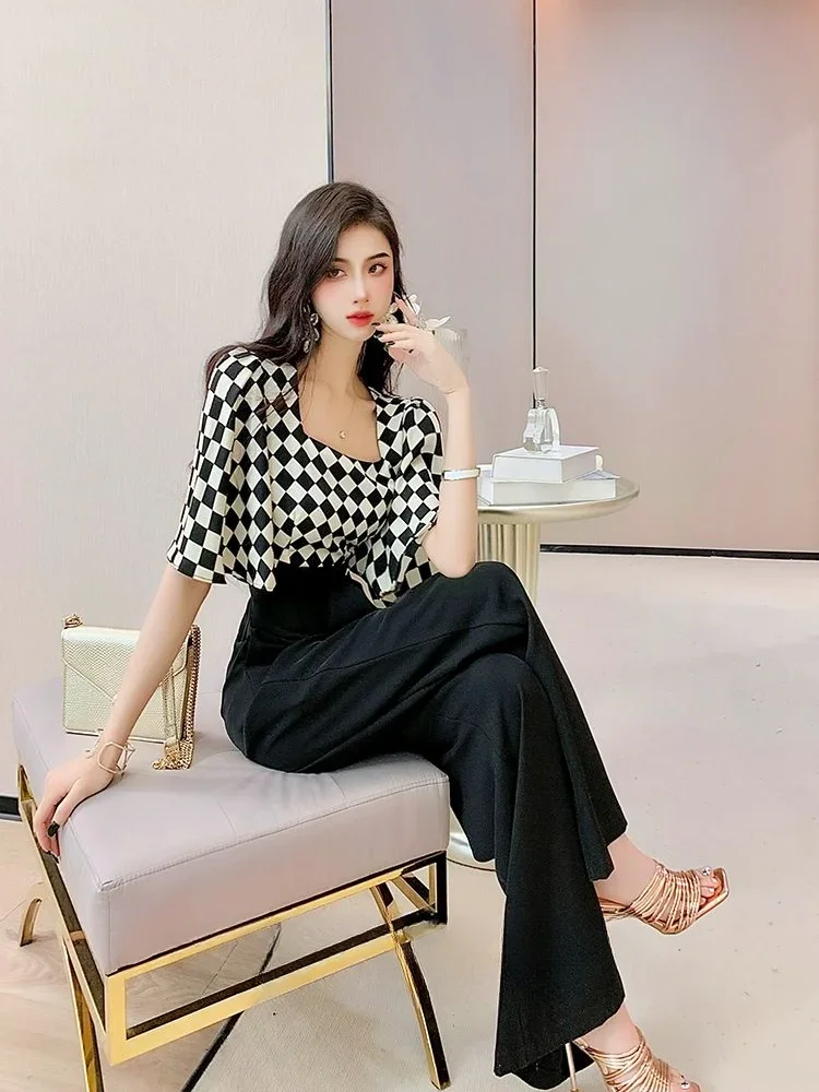 Black Wide Leg Summer 2024 Lattice Trousers Woman Shirt Blouse and Pant Sets for Women 2 Pieces Lace Up Aesthetic Clothing Trend