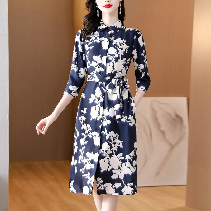 

Женское платье с принтом из свежего шелка, повседневное свободное платье до колена в стиле ретро, лето 2023