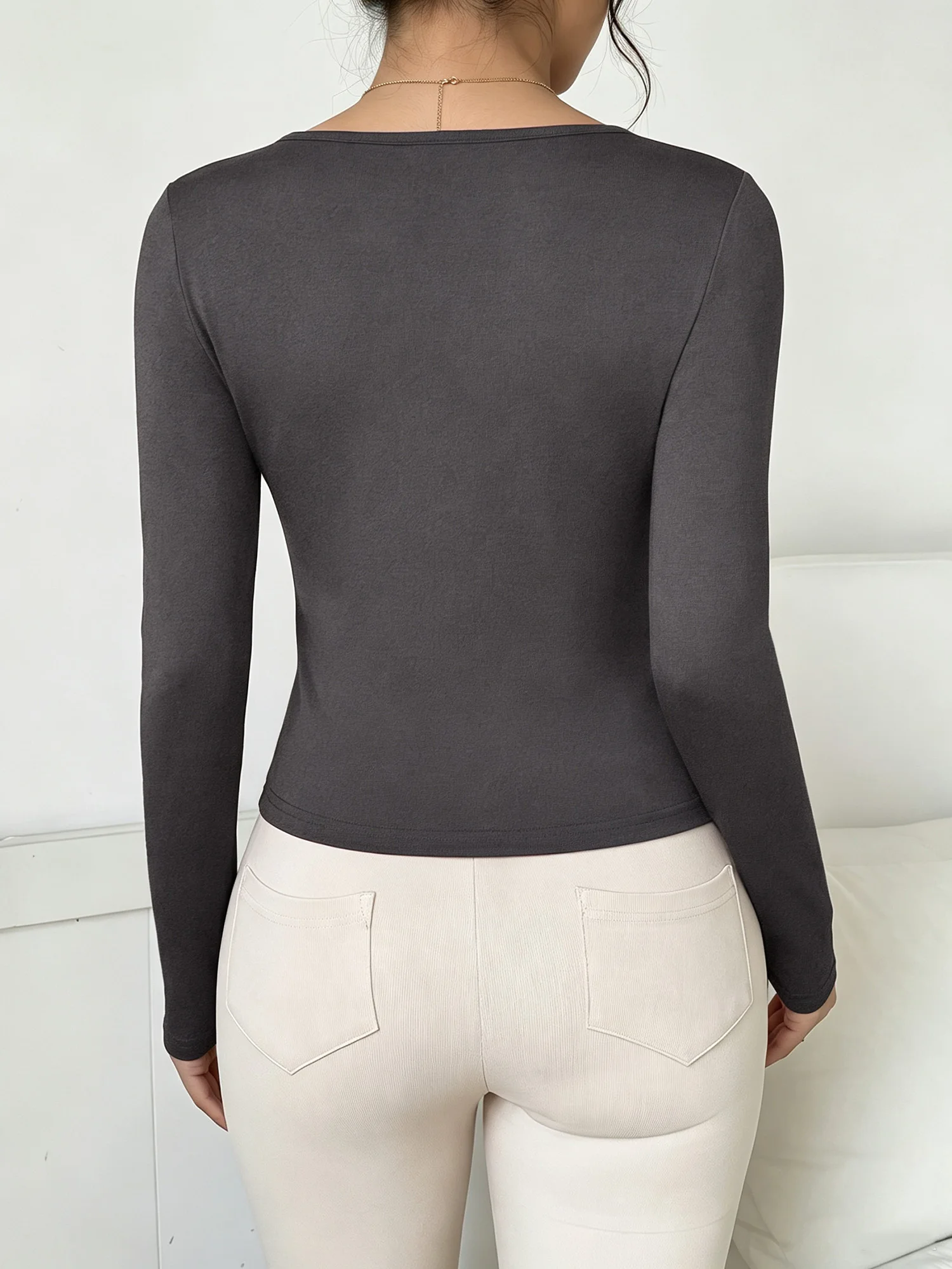 Hot Sale Y2K Scoop Neck Long Sleeve Fitted Top For Women Solid Color Slim Bodycon Casual Tees