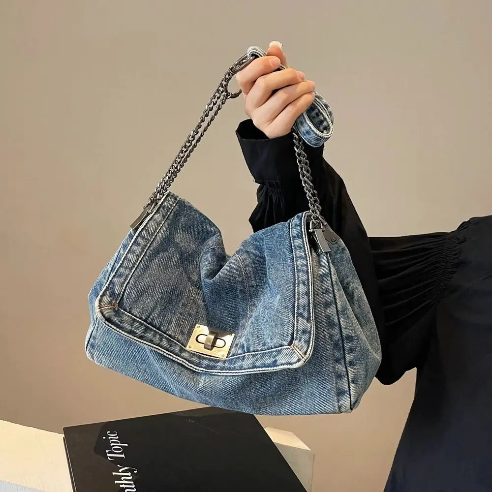 

Casual Shoulder Bag Denim Canvas Bag Street Style Metal Chain Vintage Handbag Solid Color Shopping Bag Solid Crossbody Bag Girl