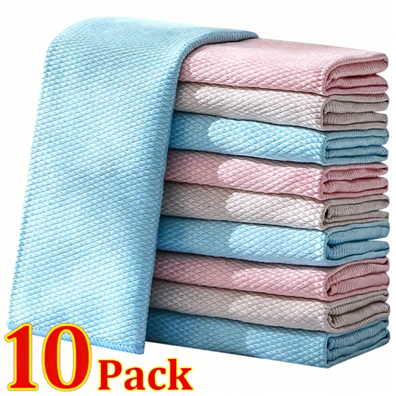 10pcs Microfiber Fish Scale Dishcloths Kitchen Super Absorbent Oil-proof Washing Rag Glass Household Cleaning Cloths