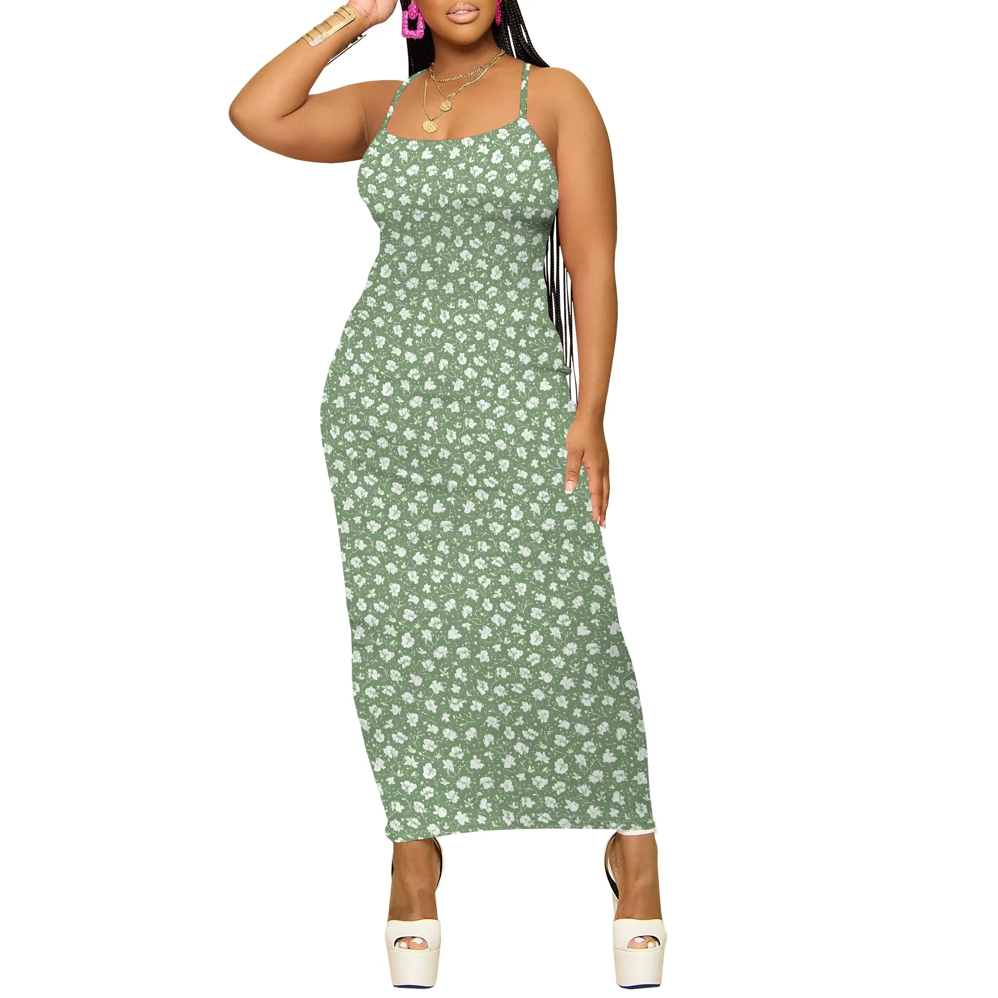 ฤดูร้อนผู้หญิงรอบคอหลวมสบายๆแฟชั่นพิมพ์ลายดอกไม้รูปแบบเซ็กซี่ Halter Bohemian Maxi ชุดยาว