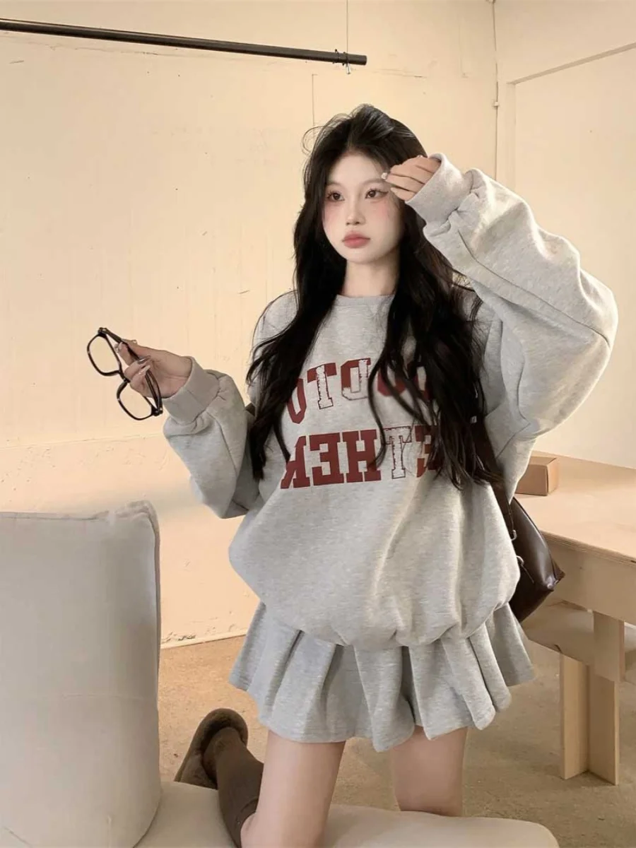 American Gray Fashion Set Women Letter Print Hoodie Autumn and Winter High Waist A Word Pleated Skirt Skirt Two-piece Set