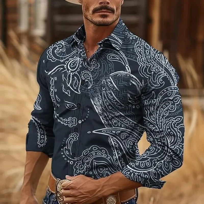 Men\'s Retro Western Cowboy Style 3D Printed Men\'s Casual Long Sleeve Shirts Outdoor Resort Horse Racing High Quality Lapel Shirt