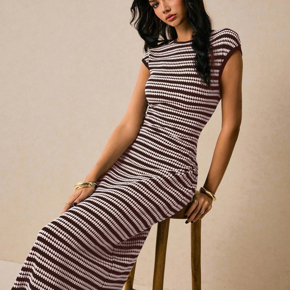 Elegant Ladies Summer Colorblock Striped Long Dress Round Neck Short Sleeve Slim Fit Maxi Dresses Casual Street Style