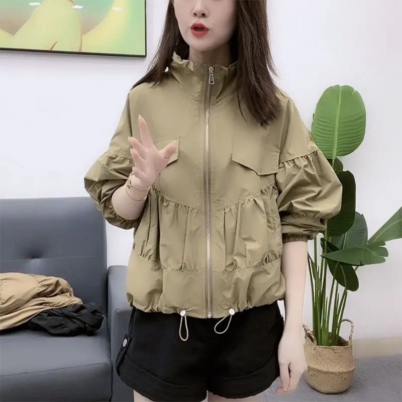 

Pleated Jacket Cardigan Women's Jacket Autumn Winter New Outwear With Short Zipper Basic Coat Female Cardigan Coat Black Khaki