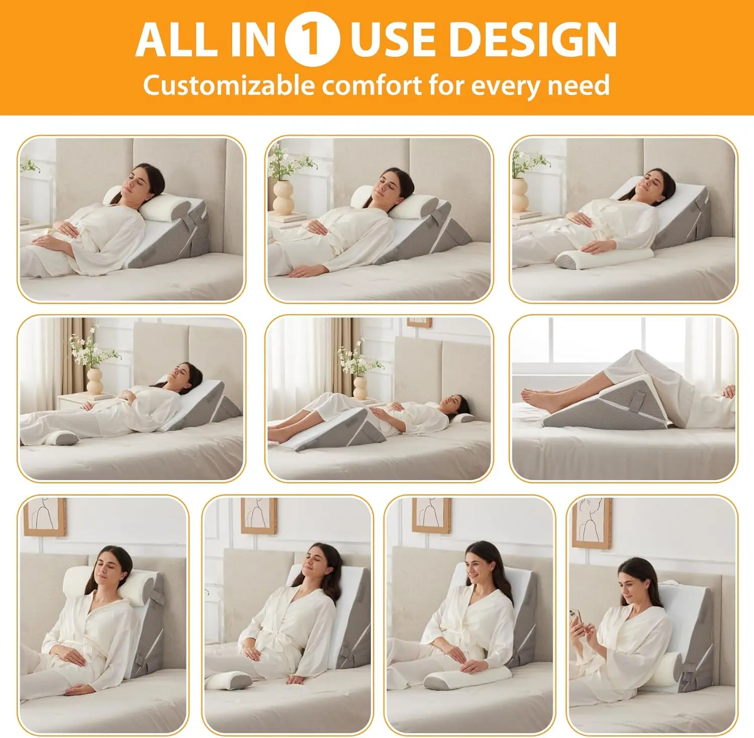 3-Piece Orthopedic Memory Foam Bed Wedge Pillow Set, Washable Cover