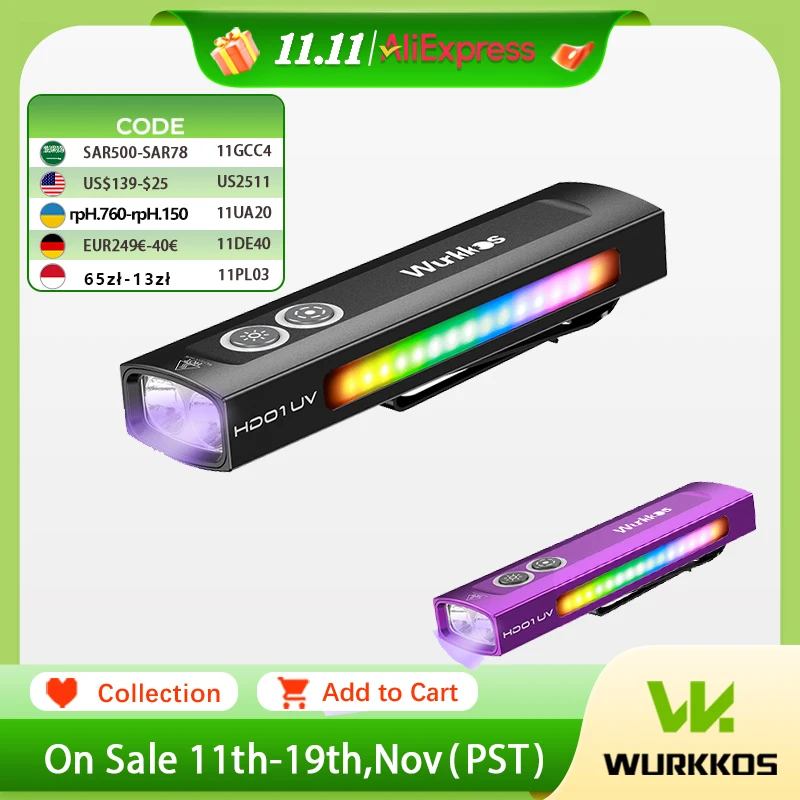 Wurkkos HD01 UV Torch 1200LM Rechargeable Spotlight IP65 Waterproof RGB Light EDC Ultraviolet Lamp Scorpion Pet Urine Detector