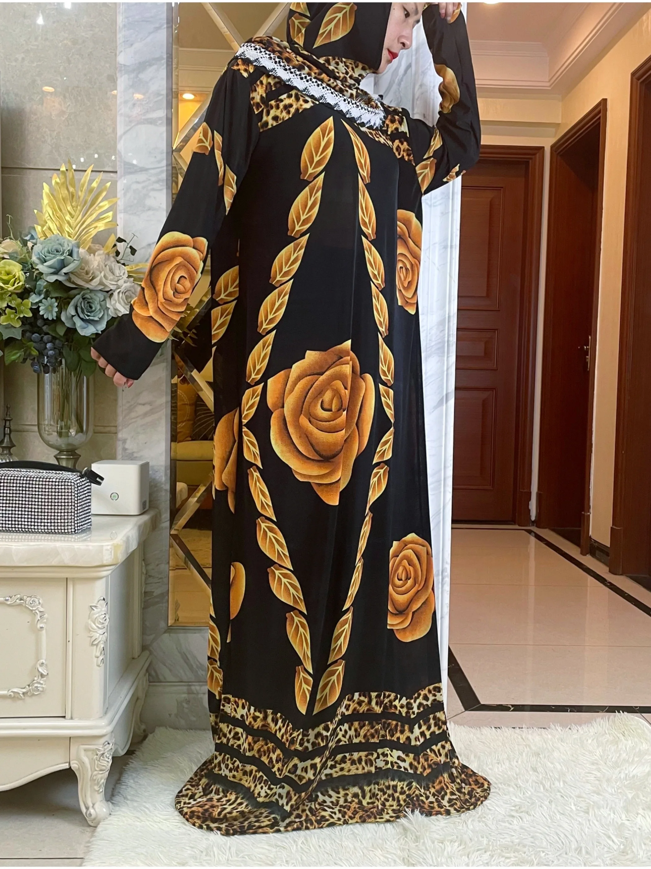 2023Fashion Muslim Kaftan Dress For Lady Dubai Saudi Islam Prayer Garment Lace Jibab Maxi  Hooded Abaya Beautiful Turban Ramadan