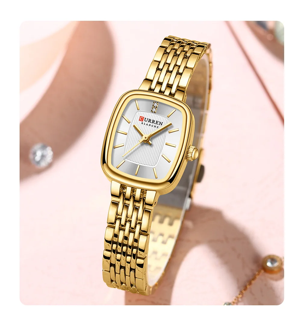 Curren 9093 Damen-Quarzuhr, wasserdicht, luxuriös, Party-Damenuhr, elegantes goldenes rechteckiges Zifferblatt, Quarzuhr, Armband, Geschenk – Detail 14