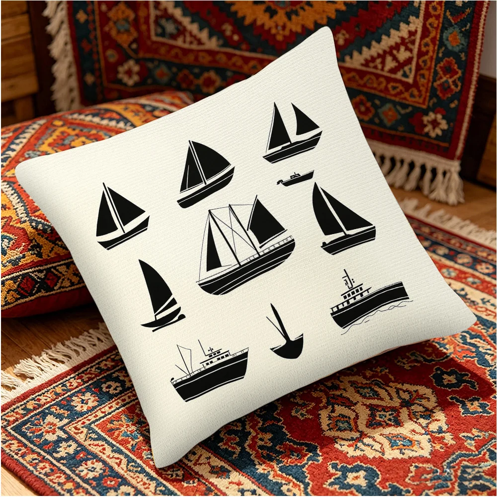 Vintage Sailboat Pillowcase, Nautical Ship Silhouette Cushion Cover Beige Marine Decor Retro Ocean Art Throw Pillow Home Textile
