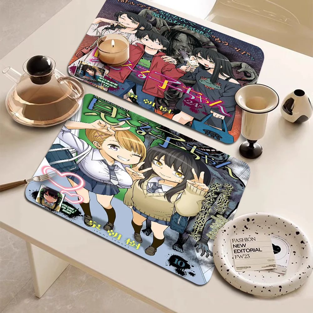 Anime Mieruko Chan Kitchen Drainage Mat Retro Style Dish Drying Pads Absorbent Placemats Drainer Tableware Mats Accessories