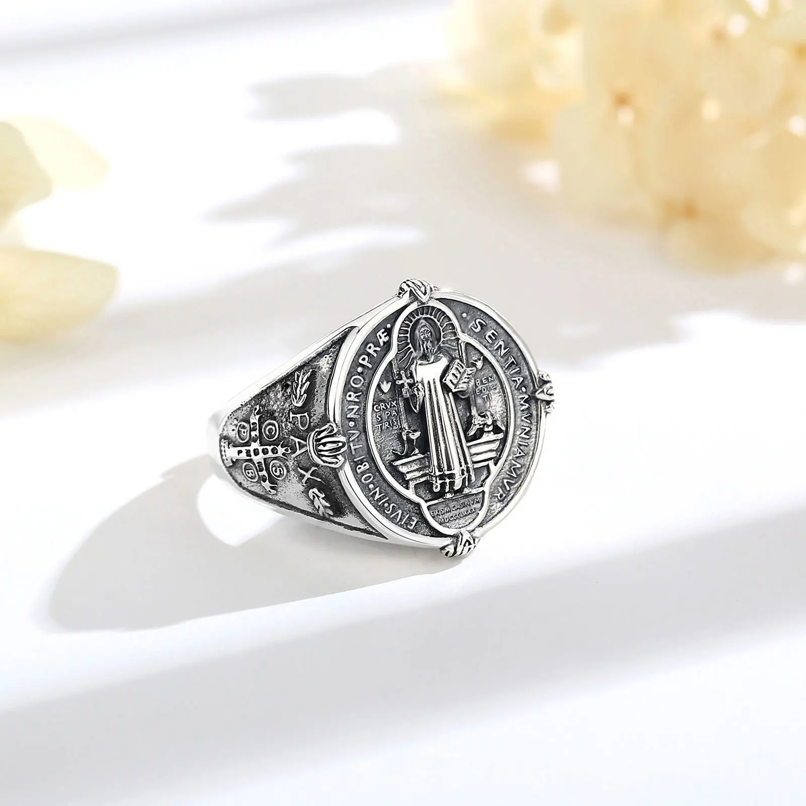 Eudora 925 Sterling Silver Saint Benedict Ring San Benito Medal Adjustable Ring Catholic Jewelry Religious Gift for Men Women