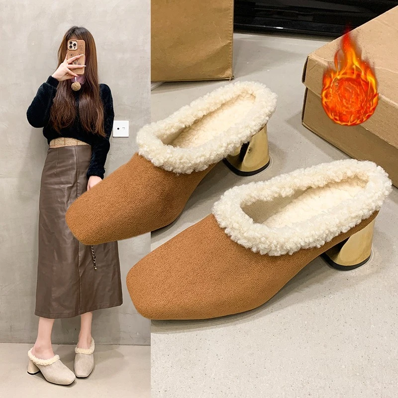 Winter Women Thick-high-heels square head suede plush Outerwear keep warm Slippers boots Fashion Comfortable outdoor/home Shoes