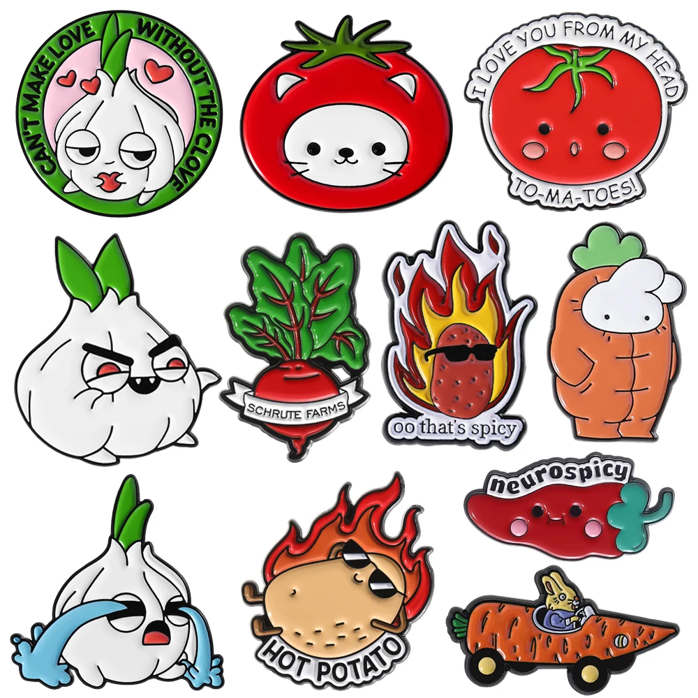 Cute Vegetable Brooch Lapel Pin Garlic Cat Tomato Rabbit Carrot Flame Potato Chili Cucumber Cartoon Vegetable Badge Jewelry Gift