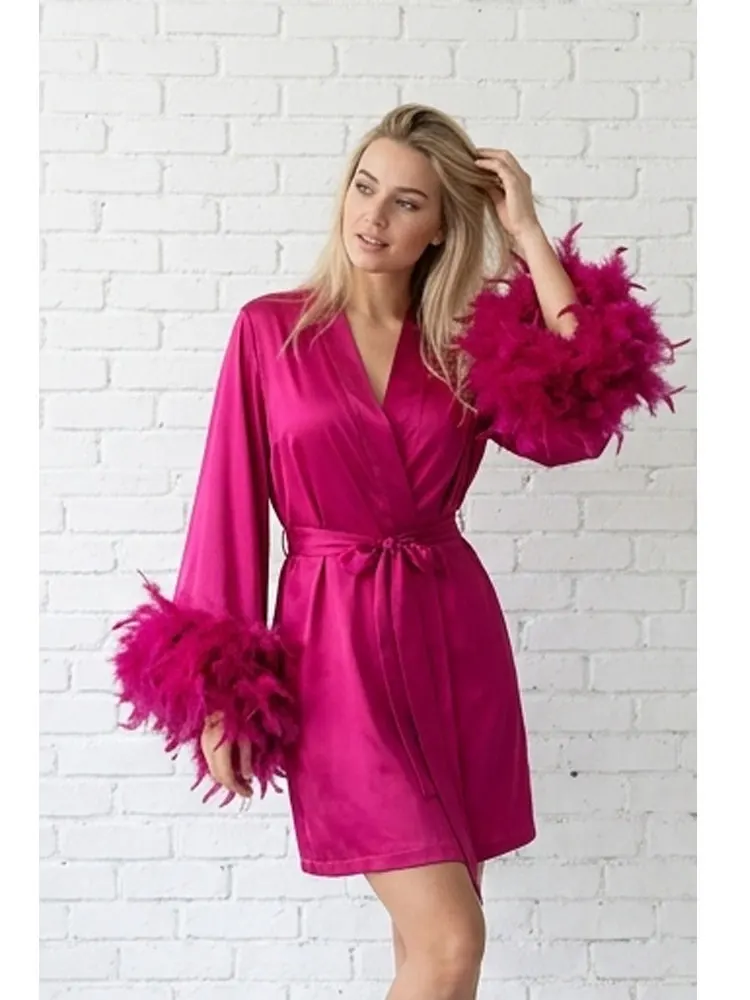 Fuchsia Silk Feather Robes Short Kimono-Style Bridal Lingerie Dressing Gown Women's Luxurious Fluffy Feathers Elegant Loungewear