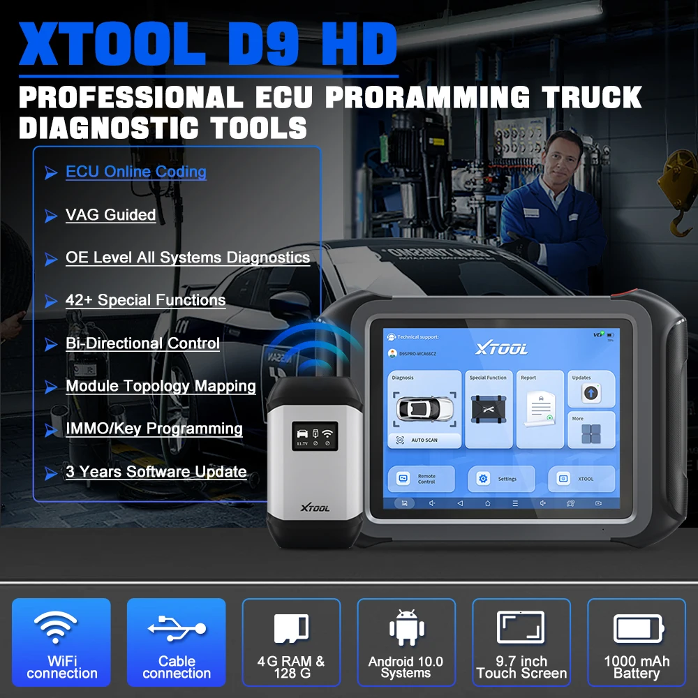 XTOOL D9 HD OBD2 Scanner 12V Car & 24V Heavy Duty Truck All Systems Diagnostic Tools ECU Programming Auto Key 45+ Reset