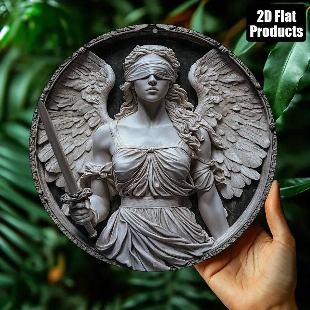 Metallschild „Just Goddess of Justice“, rundes Aluminiumschild, 2D-Flachwanddekoration für Zuhause, für Bar, Büro