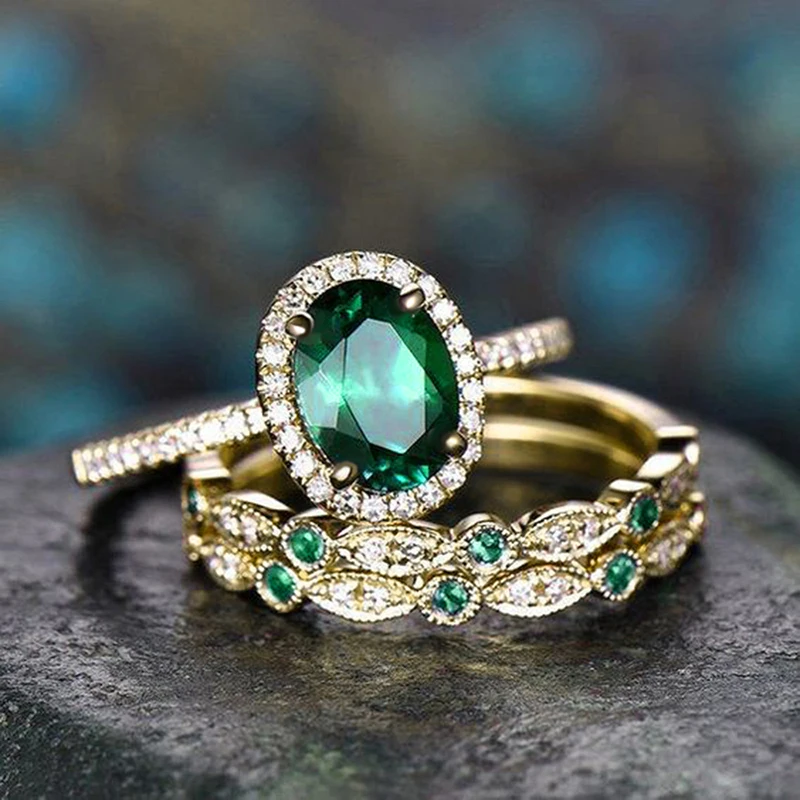 CAOSHI Three Color Available 3Pcs Set Thin Finger Rings with Oval Green Cubic Zirconia Creative Versatile Bridal Wedding Jewelry