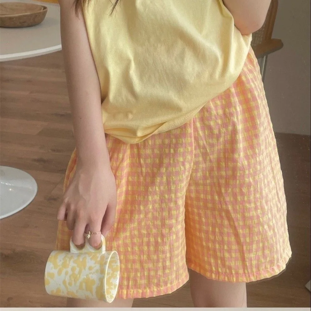 High Waist Plaid Shorts Elastic Waistband Wide Leg Casual Homewear Shorts Loose Fit Plaid Pattern Sleep Shorts Sleeping